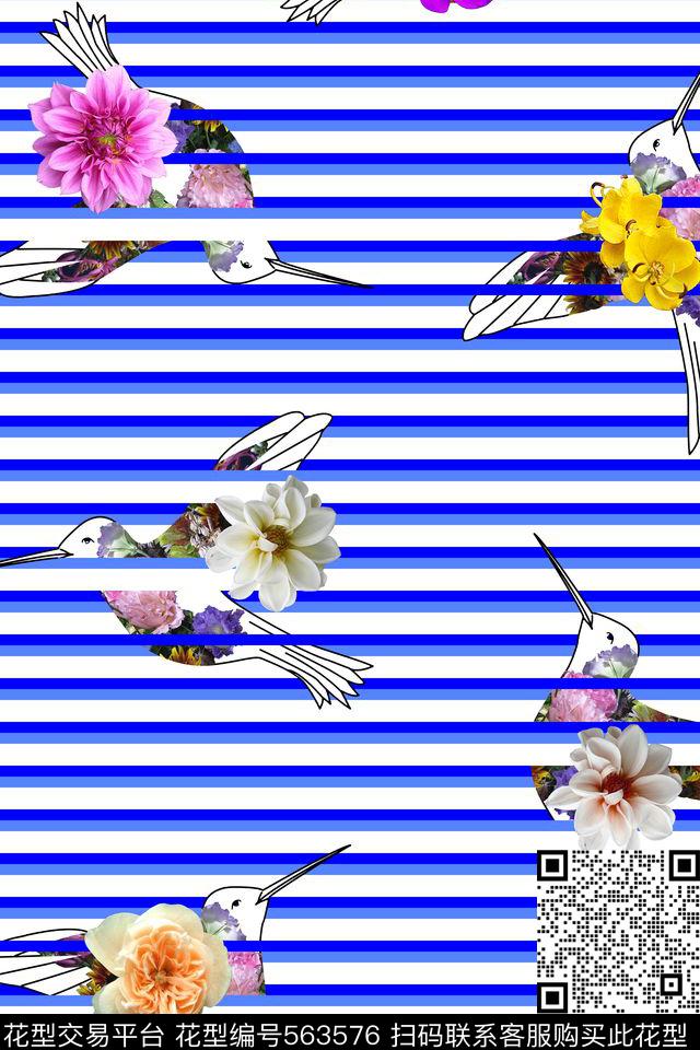 条纹花卉鸟数码印花华亿平台下载（图片编号: 563576） - 瓦栏（Walan）