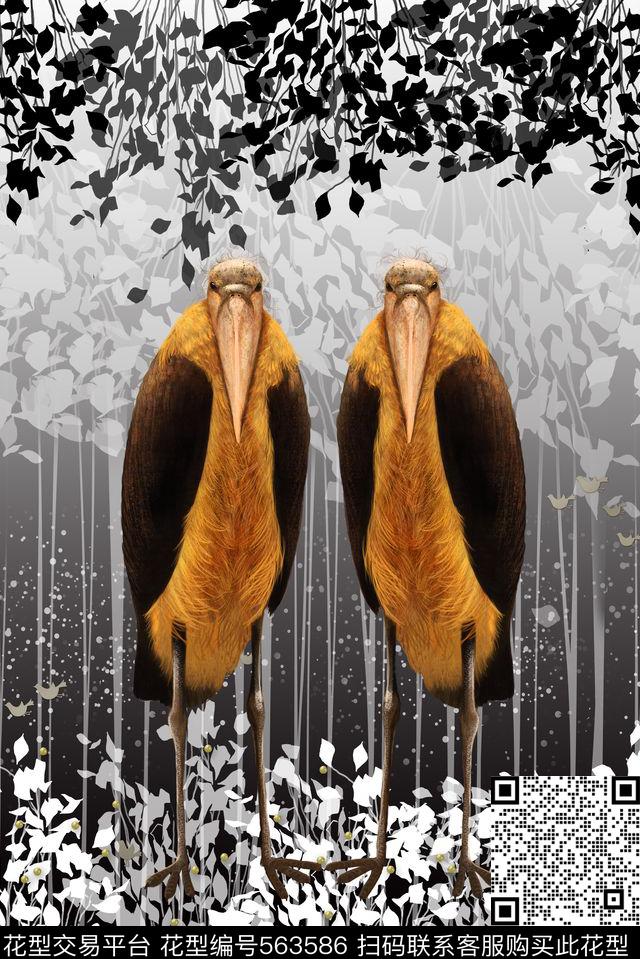 定位黑白树枝鸟动物华亿平台动物纹定位女装数码印花华亿平台下载（图片编号: 563586） - 瓦栏（Walan）