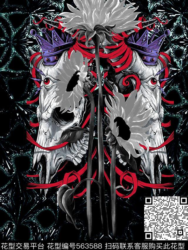 动物骨头欧美大牌风格阴阳花卉数码印花华亿平台下载（图片编号: 563588） - 瓦栏（Walan）
