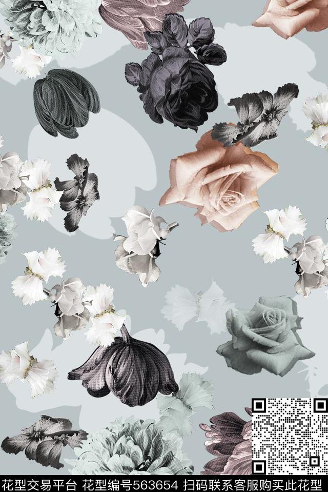 花卉灰底时尚休闲数码印花服装数码印花华亿平台下载（图片编号: 563654） - 瓦栏（Walan）