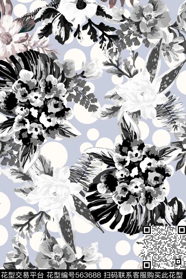 花纹圆圈花卉黑白时尚清新印花服装传统印花华亿平台下载（图片编号: 563688） - 瓦栏（Walan）