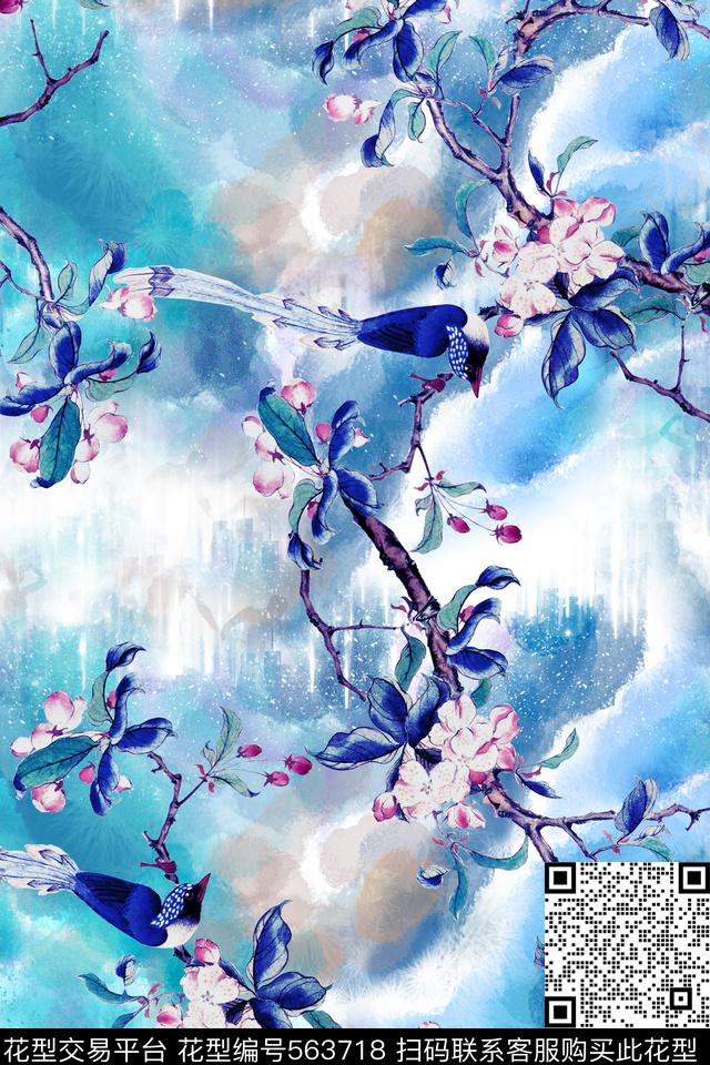 中国风女装青花瓷花鸟数码印花华亿平台下载（图片编号: 563718） - 瓦栏（Walan）