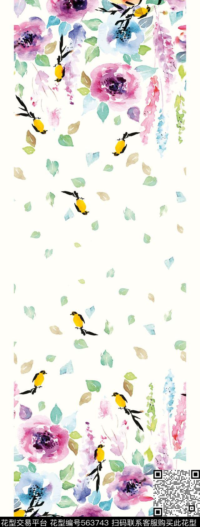 定位手绘花卉花卉鸟数码印花华亿平台下载（图片编号: 563743） - 瓦栏（Walan）