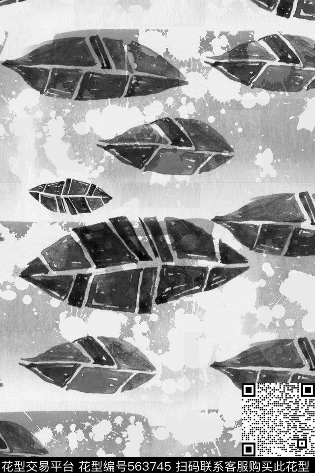 服装面料华亿平台手绘黑白抽象树叶黑白墨迹休闲时尚抽象水彩黑白复古田园风数码印花华亿平台下载（图片编号: 563745） - 瓦栏（Walan）