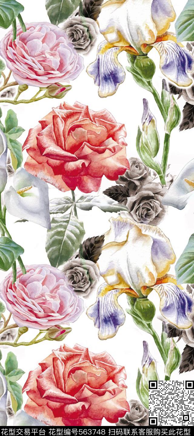 百合玫瑰水墨底数码印花华亿平台下载（图片编号: 563748） - 瓦栏（Walan）