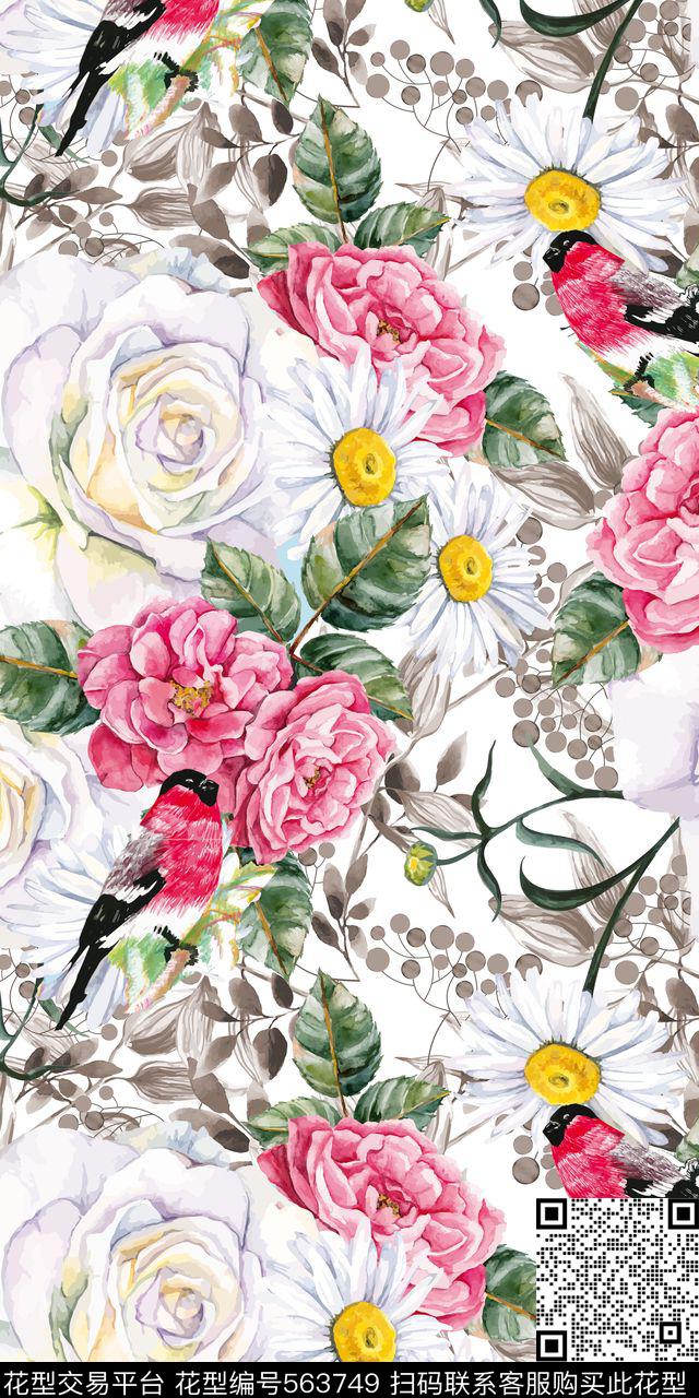 红色牡丹花会鸟花卉数码印花华亿平台下载（图片编号: 563749） - 瓦栏（Walan）