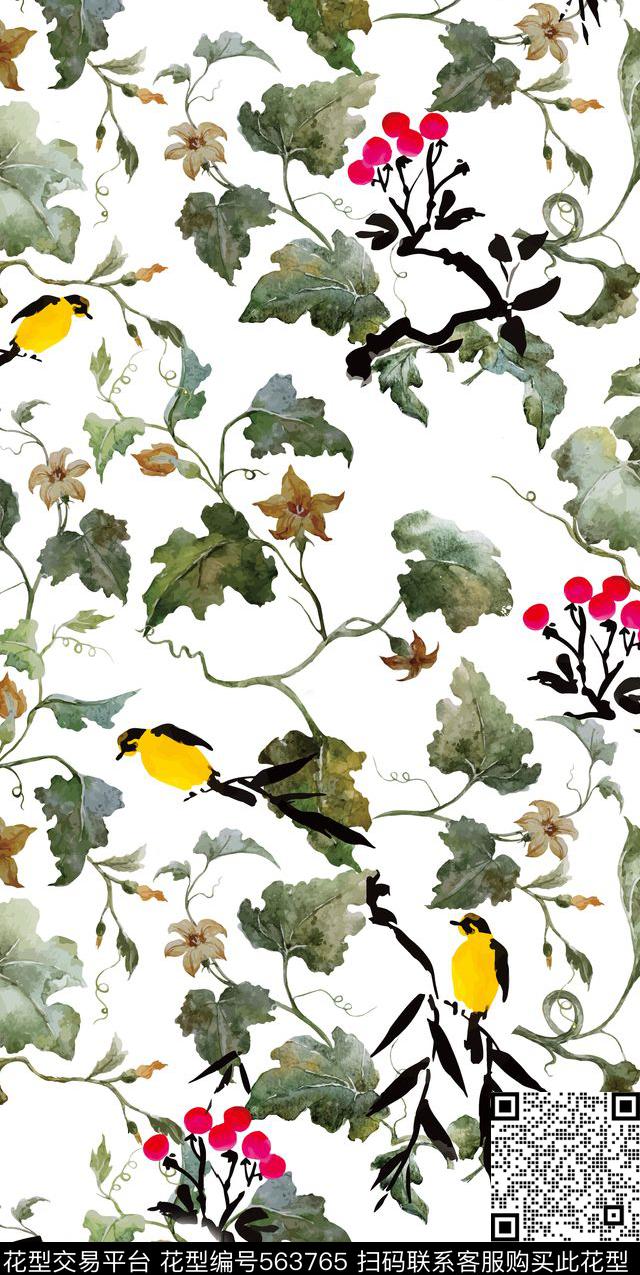 田园风格花卉果实藤鸟数码印花华亿平台下载（图片编号: 563765） - 瓦栏（Walan）