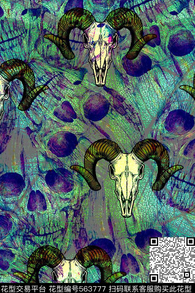 骷髅头羊头树叶肌理数码印花华亿平台下载（图片编号: 563777） - 瓦栏（Walan）