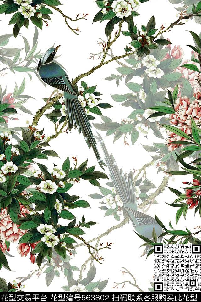 工笔画花卉植物鸟类组合中国风数码印花华亿平台下载（图片编号: 563802） - 瓦栏（Walan）