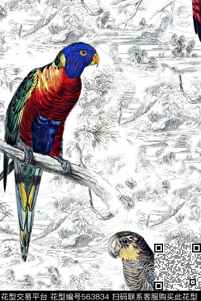 动物复古山水画数码印花华亿平台下载（图片编号: 563834） - 瓦栏（Walan）