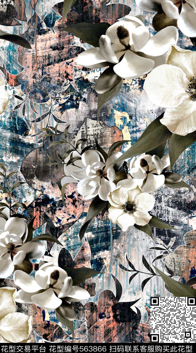 抽象大花卉油漆数码印花华亿平台下载（图片编号: 563866） - 瓦栏（Walan）