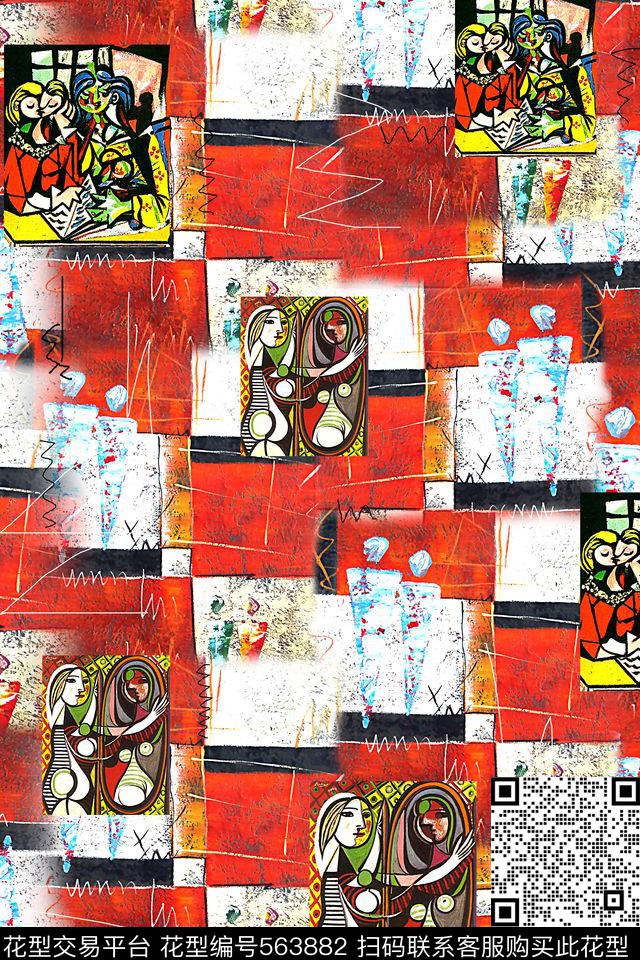 数码几何抽象人物数码印花华亿平台下载（图片编号: 563882） - 瓦栏（Walan）