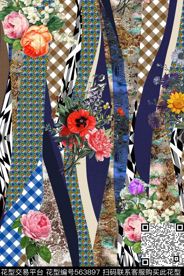 几何组合手绘花卉服装布艺数码印花华亿平台下载（图片编号: 563897） - 瓦栏（Walan）