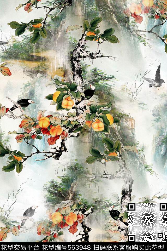 潮流时尚大牌山水画朦胧梦幻工笔画数码印花华亿平台下载（图片编号: 563948） - 瓦栏（Walan）