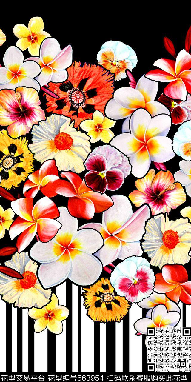 时尚热带花卉条纹数码印花华亿平台下载（图片编号: 563954） - 瓦栏（Walan）
