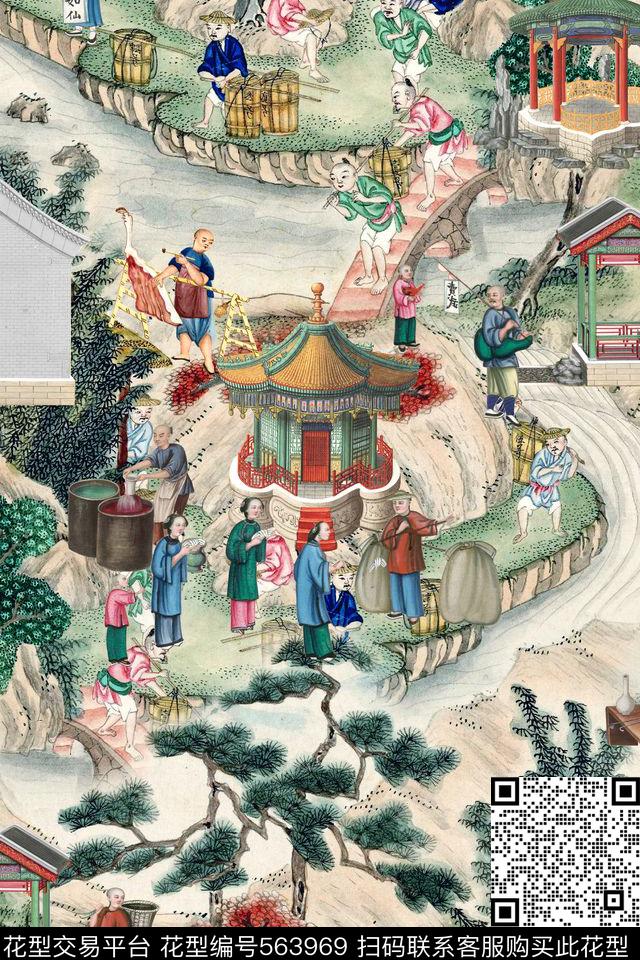 中国风人物风景数码印花华亿平台下载（图片编号: 563969） - 瓦栏（Walan）
