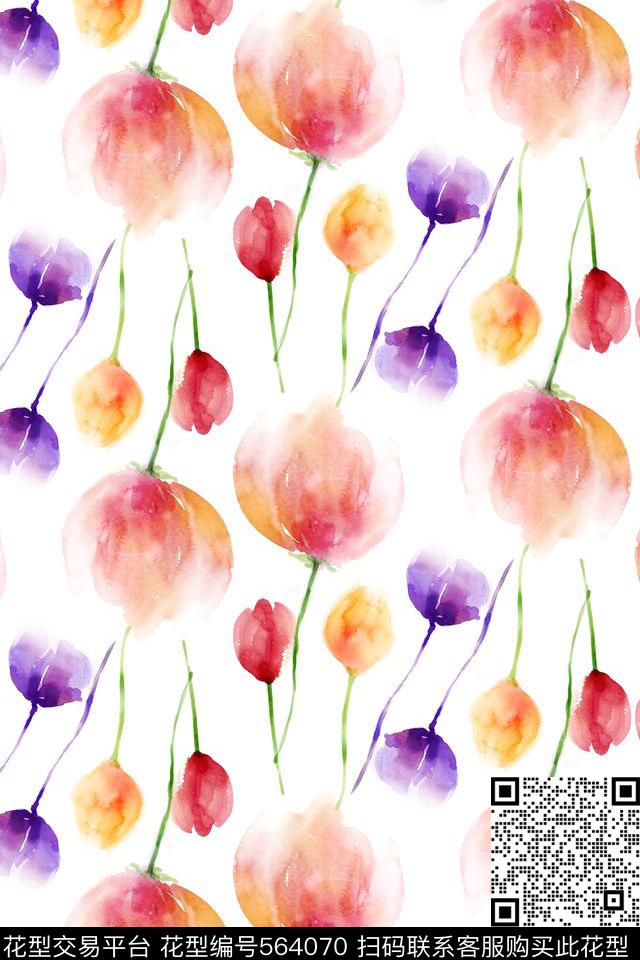 花卉写意水墨中国风中国画数码印花华亿平台下载（图片编号: 564070） - 瓦栏（Walan）