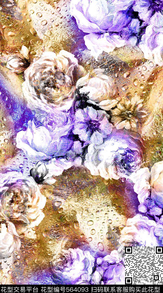 抽象时尚创意大牌服装面料水珠底纹油画花卉组合数码印花华亿平台下载（图片编号: 564093） - 瓦栏（Walan）
