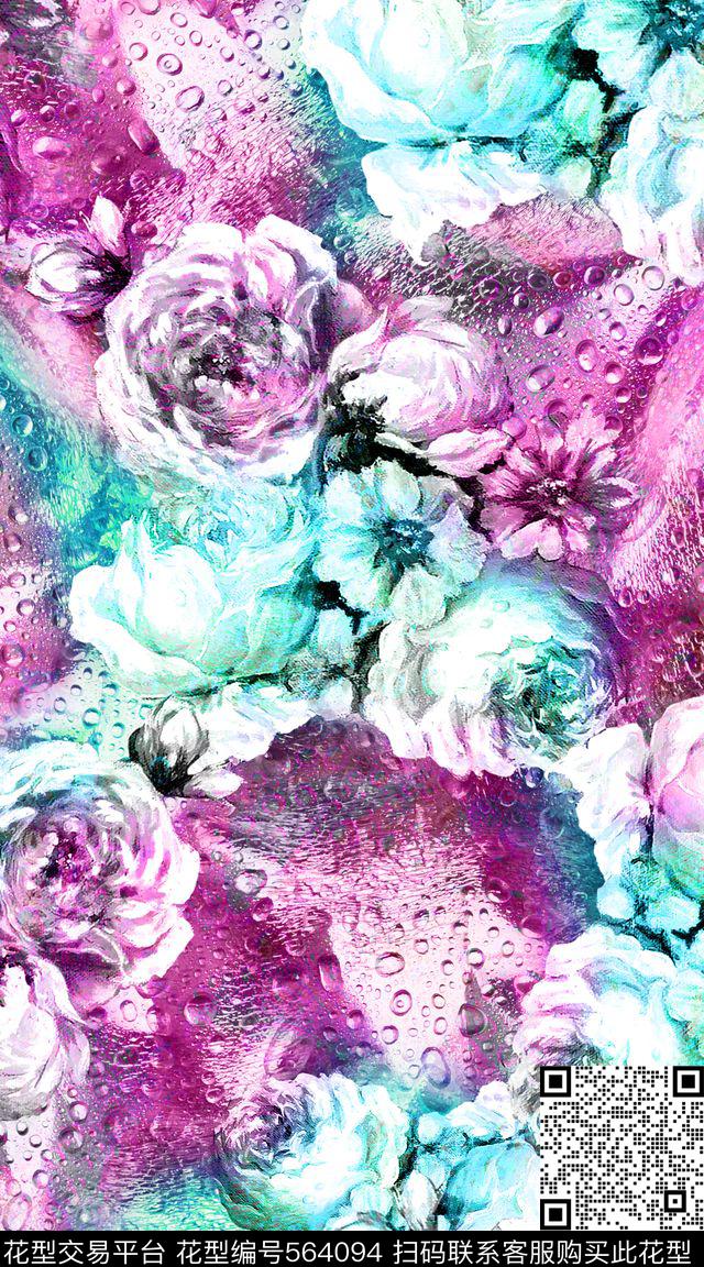 抽象时尚水珠底纹油画花卉组合创意大牌服装面料数码印花华亿平台下载（图片编号: 564094） - 瓦栏（Walan）