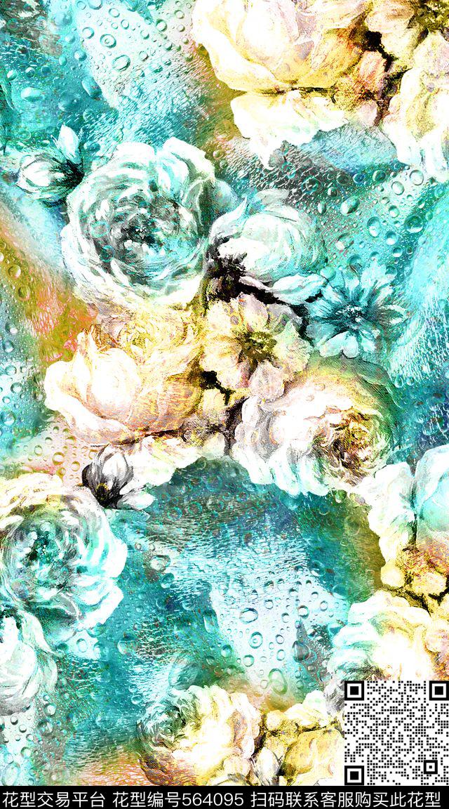 抽象时尚水珠底纹油画花卉组合创意大牌服装面料数码印花华亿平台下载（图片编号: 564095） - 瓦栏（Walan）
