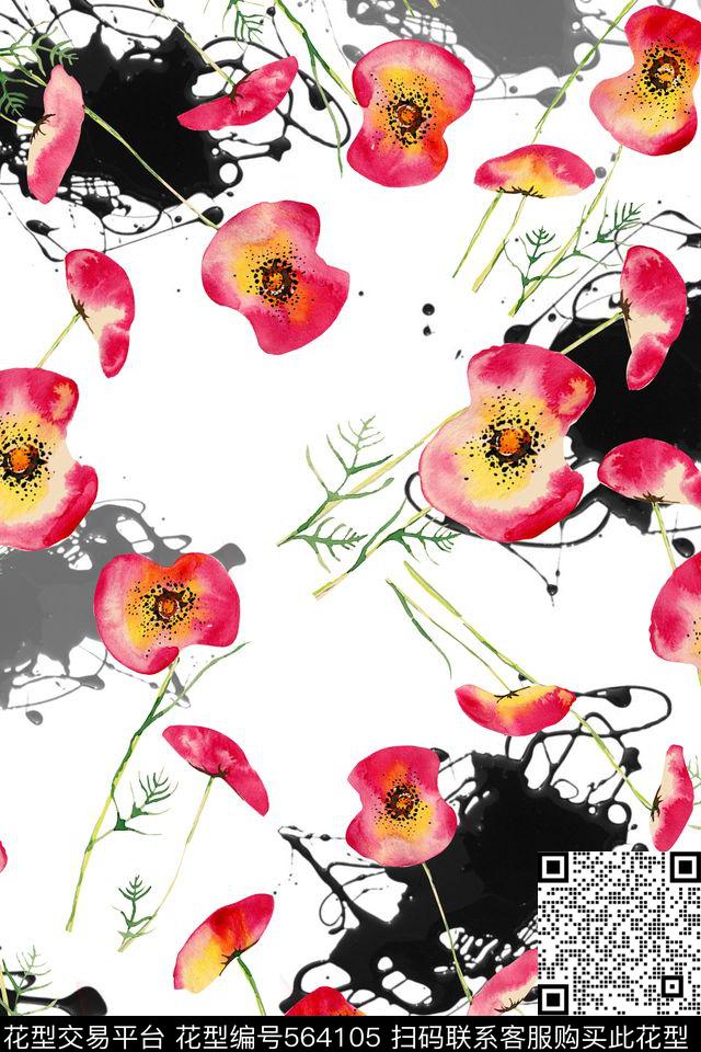绘画笔墨小花手绘数码印花华亿平台下载（图片编号: 564105） - 瓦栏（Walan）