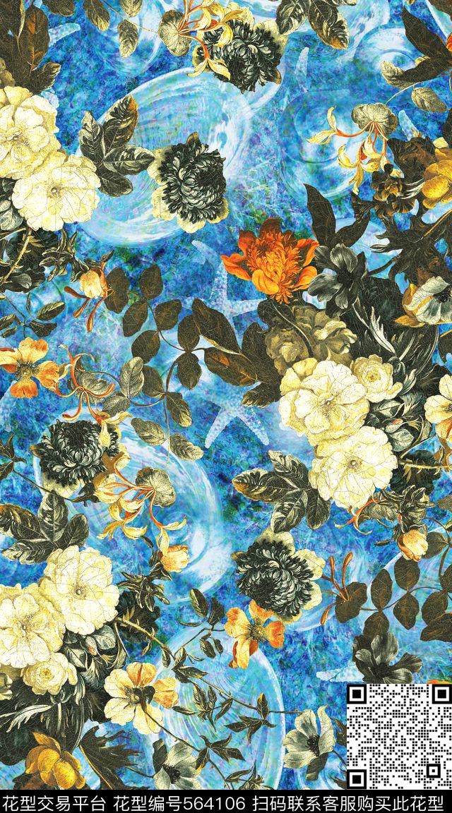 抽象时尚创意牌服装面料欧式底纹油画花卉组合数码印花华亿平台下载（图片编号: 564106） - 瓦栏（Walan）