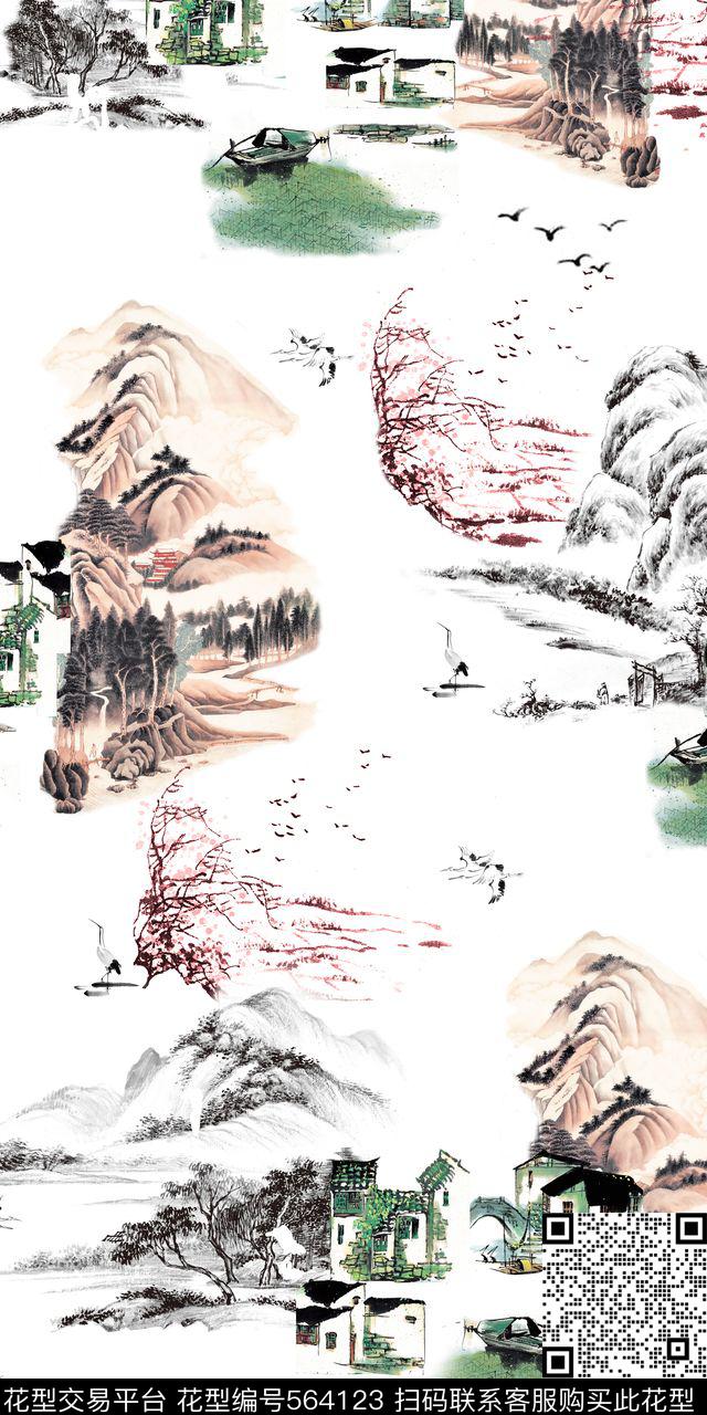 山水画中国风白底数码印花华亿平台下载（图片编号: 564123） - 瓦栏（Walan）