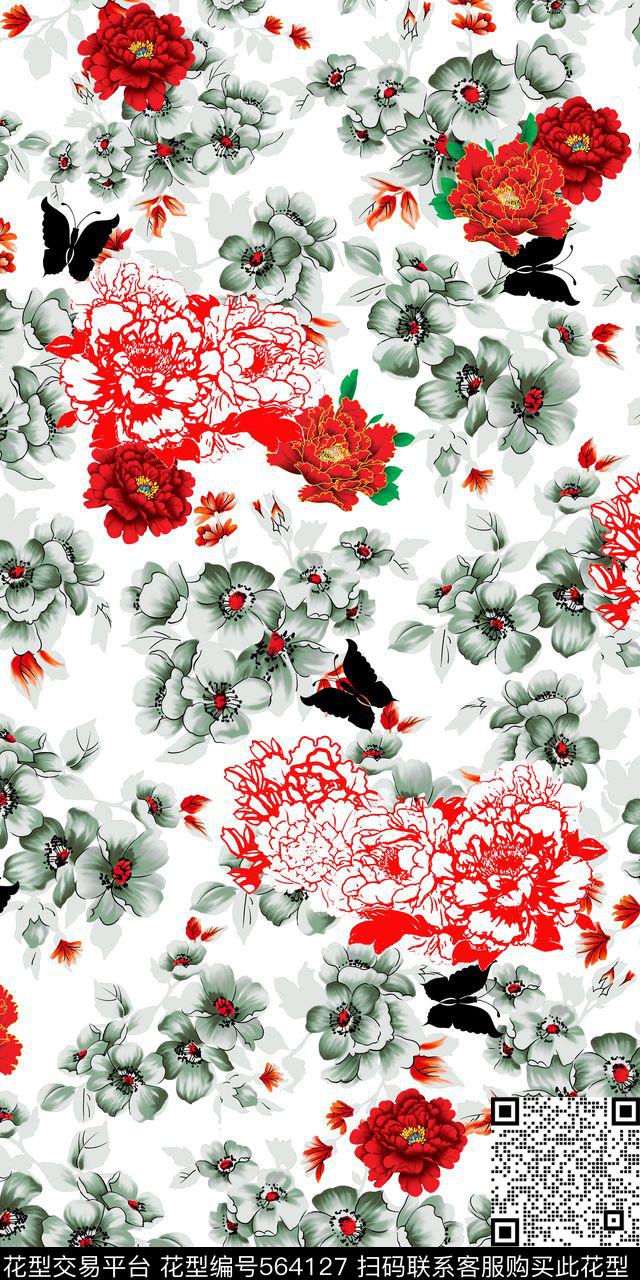 白底花卉剪纸数码印花华亿平台下载（图片编号: 564127） - 瓦栏（Walan）