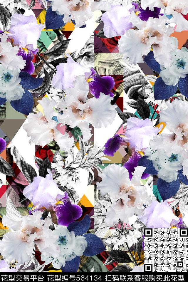 花卉复古几何数码印花华亿平台下载（图片编号: 564134） - 瓦栏（Walan）