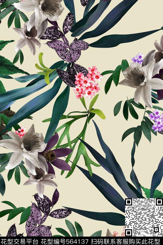 花卉纯色底植物数码印花华亿平台下载（图片编号: 564137） - 瓦栏（Walan）