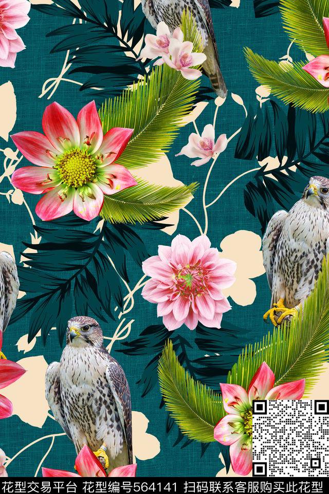 复古花卉小鸟数码印花华亿平台下载（图片编号: 564141） - 瓦栏（Walan）
