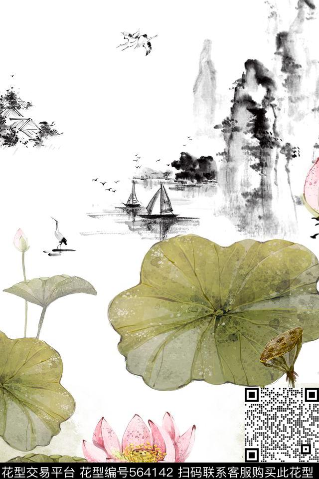 中国风水墨荷花男士休闲衬衫男士外套数码印花华亿平台下载（图片编号: 564142） - 瓦栏（Walan）