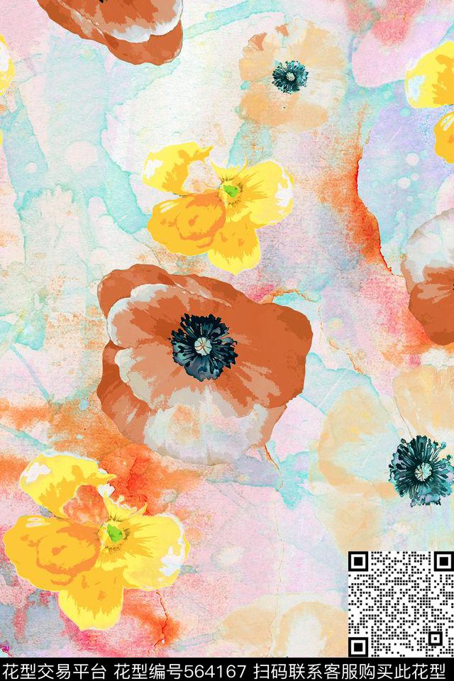 水彩花卉手绘传统印花华亿平台下载（图片编号: 564167） - 瓦栏（Walan）