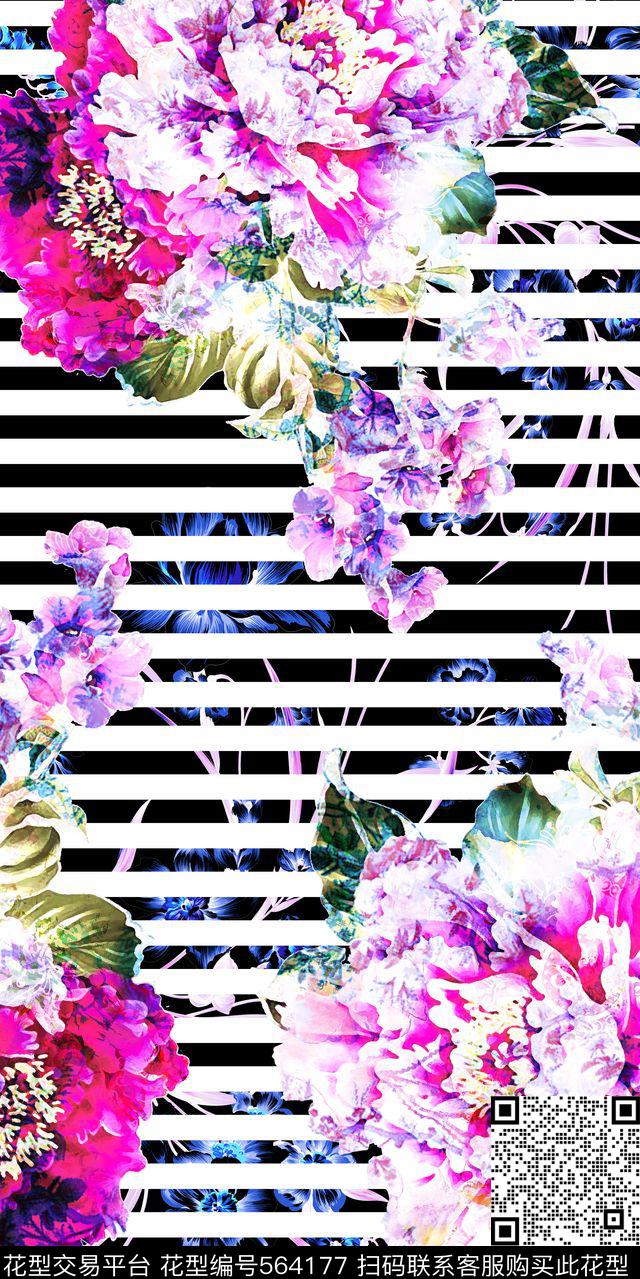 休闲风水墨牡丹幻彩横纹数码印花华亿平台下载（图片编号: 564177） - 瓦栏（Walan）
