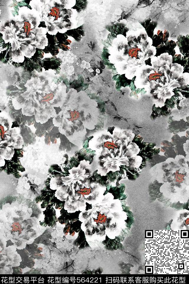水墨国画花卉素雅黑白数码印花华亿平台下载（图片编号: 564221） - 瓦栏（Walan）
