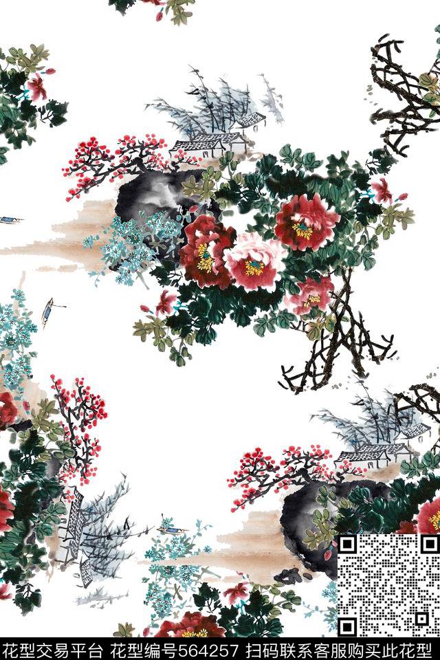 国画绘画花卉石头旗袍华亿平台数码印花华亿平台下载（图片编号: 564257） - 瓦栏（Walan）