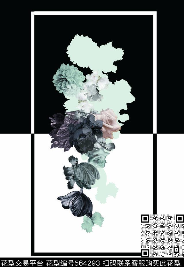 黑白花卉线条数码印花华亿平台下载（图片编号: 564293） - 瓦栏（Walan）