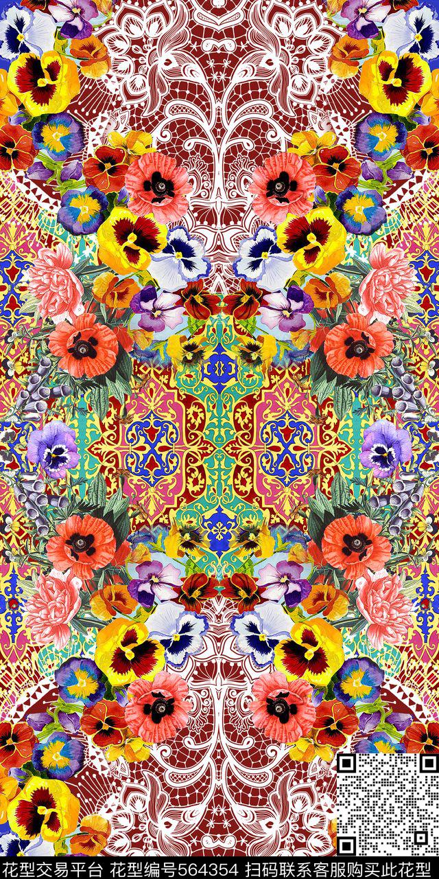 民族风花卉蕾丝数码印花华亿平台下载（图片编号: 564354） - 瓦栏（Walan）