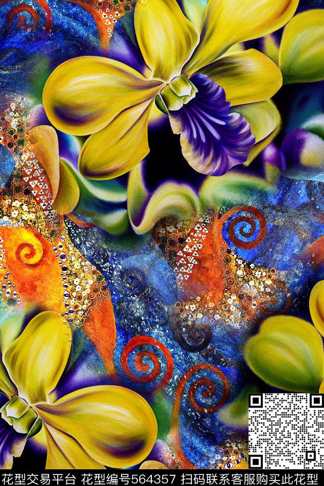 抽象炫彩花卉数码印花华亿平台下载（图片编号: 564357） - 瓦栏（Walan）