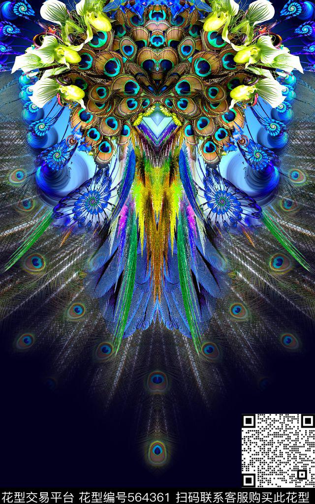 时尚炫彩孔雀羽毛数码印花华亿平台下载（图片编号: 564361） - 瓦栏（Walan）