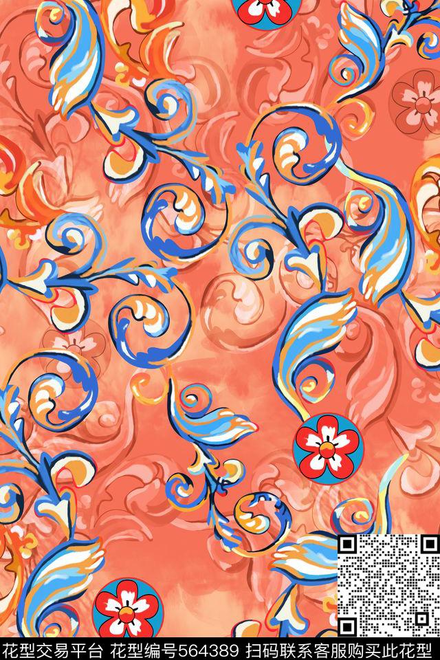 不规则几何女装手绘油画卷草纹数码印花华亿平台下载（图片编号: 564389） - 瓦栏（Walan）