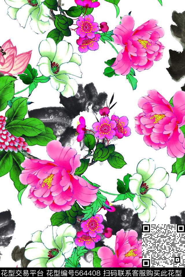 工笔画中国风牡丹数码印花华亿平台下载（图片编号: 564408） - 瓦栏（Walan）