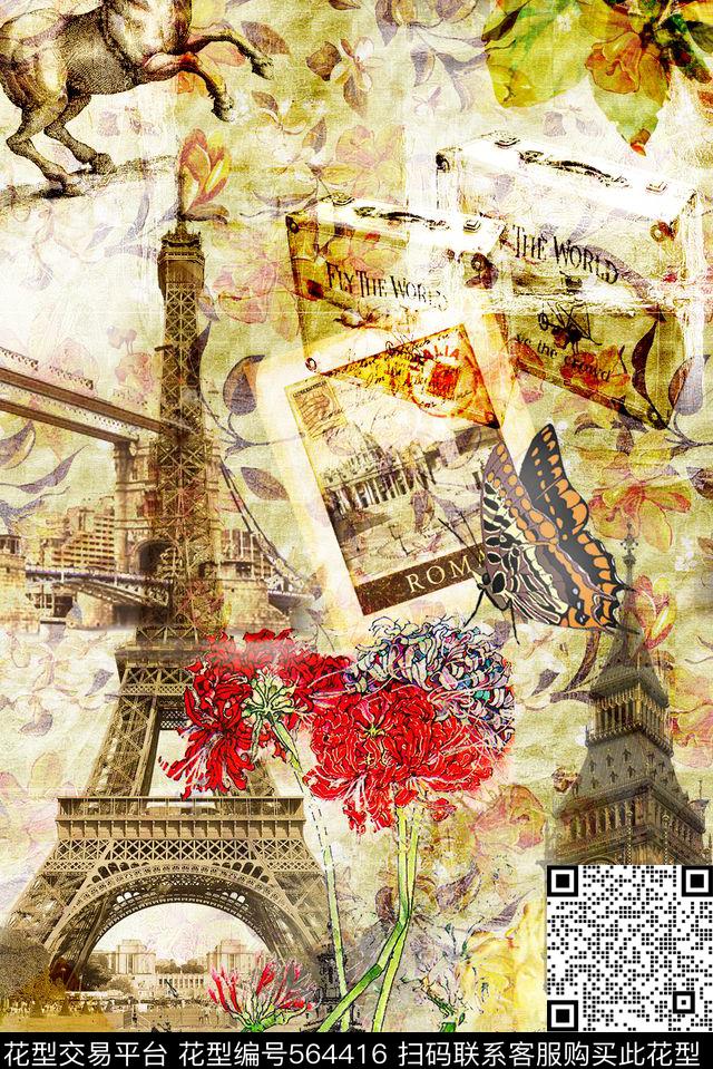 欧美复古风欧式建筑油画花卉抽象肌理埃菲尔铁塔邮票复古女装男士休闲衬衫数码印花华亿平台下载（图片编号: 564416） - 瓦栏（Walan）