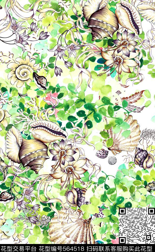 海洋素材数码印花贝壳数码印花华亿平台下载（图片编号: 564518） - 瓦栏（Walan）