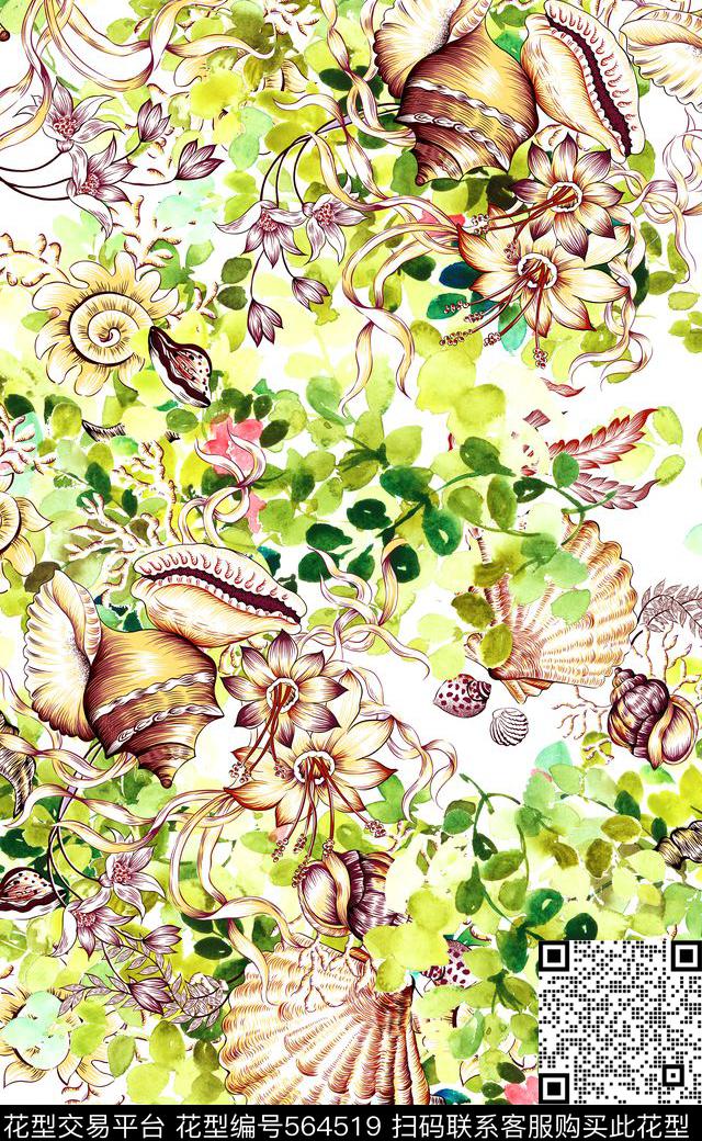 海洋素材数码印花贝壳数码印花华亿平台下载（图片编号: 564519） - 瓦栏（Walan）