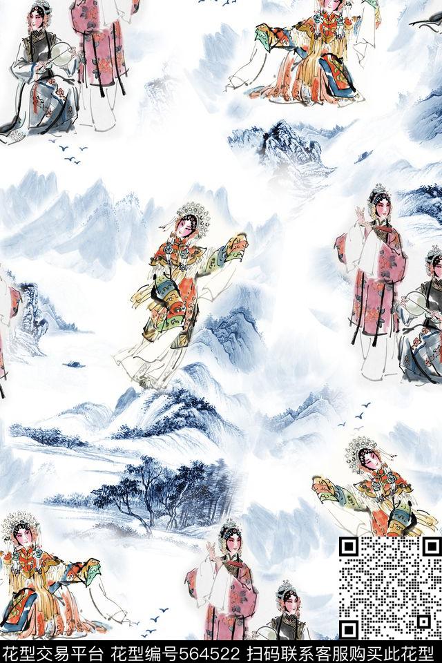 中国风山水京剧人物旗袍华亿平台数码印花华亿平台下载（图片编号: 564522） - 瓦栏（Walan）