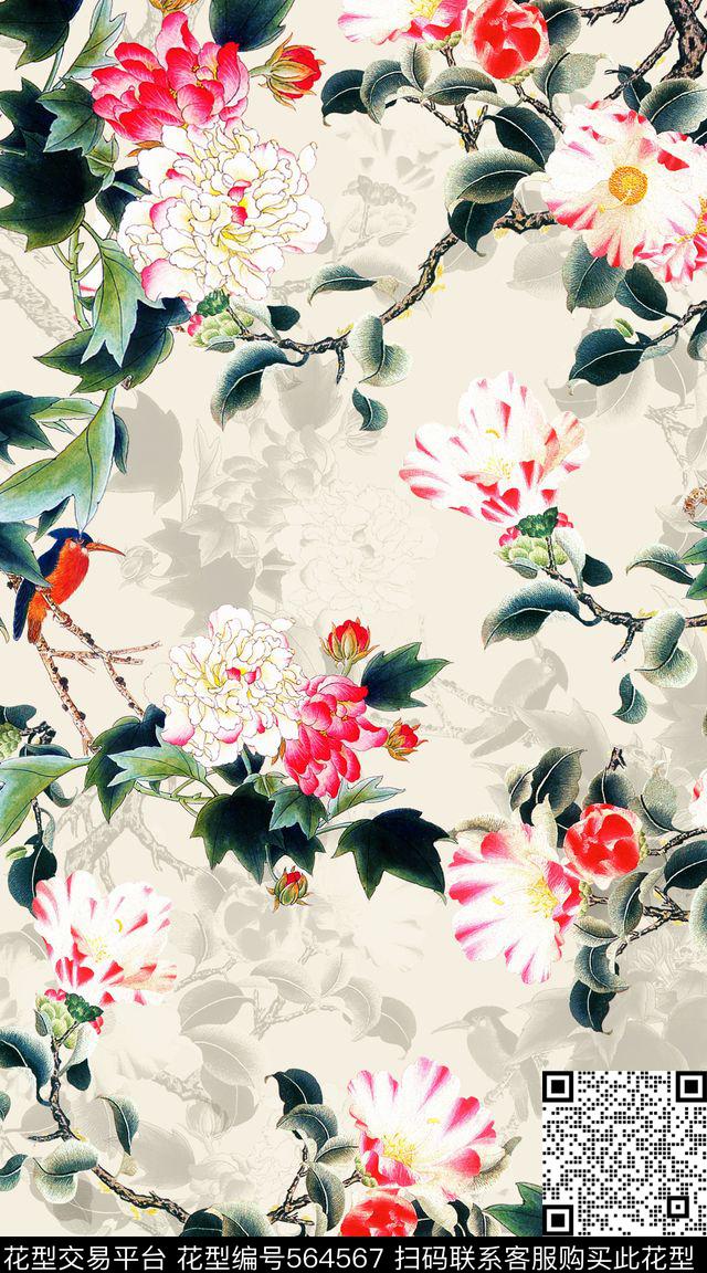 花卉工笔画时尚中国风数码印花服装数码印花华亿平台下载（图片编号: 564567） - 瓦栏（Walan）