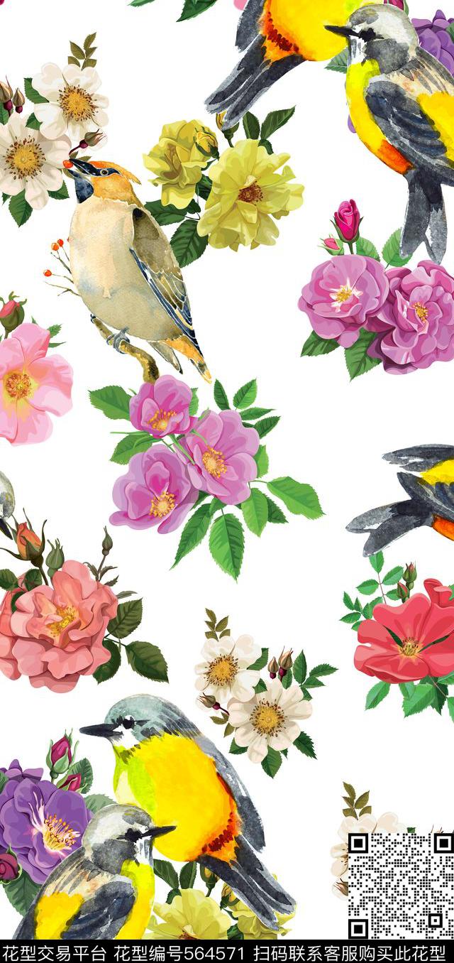 流行时尚麻雀花卉动物华亿平台动物纹流行时尚花卉数码印花华亿平台下载（图片编号: 564571） - 瓦栏（Walan）