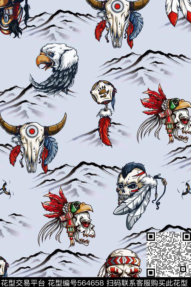 手绘大牌欧美民族部落图案印第安人骷髅头羽毛女装男装连衣裙衬衫外套T桖短裙短裤B【品质男装】传统印花华亿平台下载（图片编号: 564658） - 瓦栏（Walan）