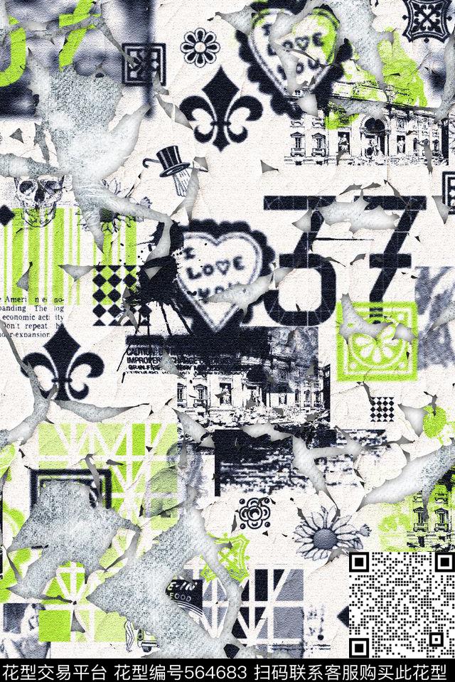 复古龟裂牛仔数码印花华亿平台下载（图片编号: 564683） - 瓦栏（Walan）